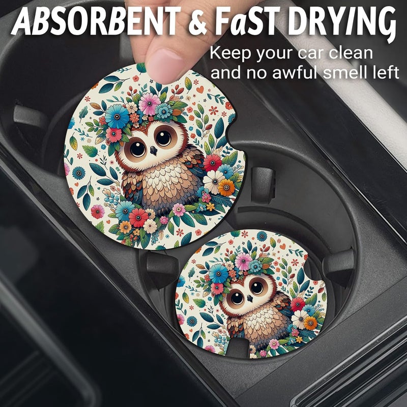 Yonlevres Car Coasters for Cup Holders，2.75" Universal Size Anti Slip Rubber Mat with A Finger Notch, 2 Pack Cup Holder Coasters for Car Interior Accessories for Women Men Flower Owl - Image 2